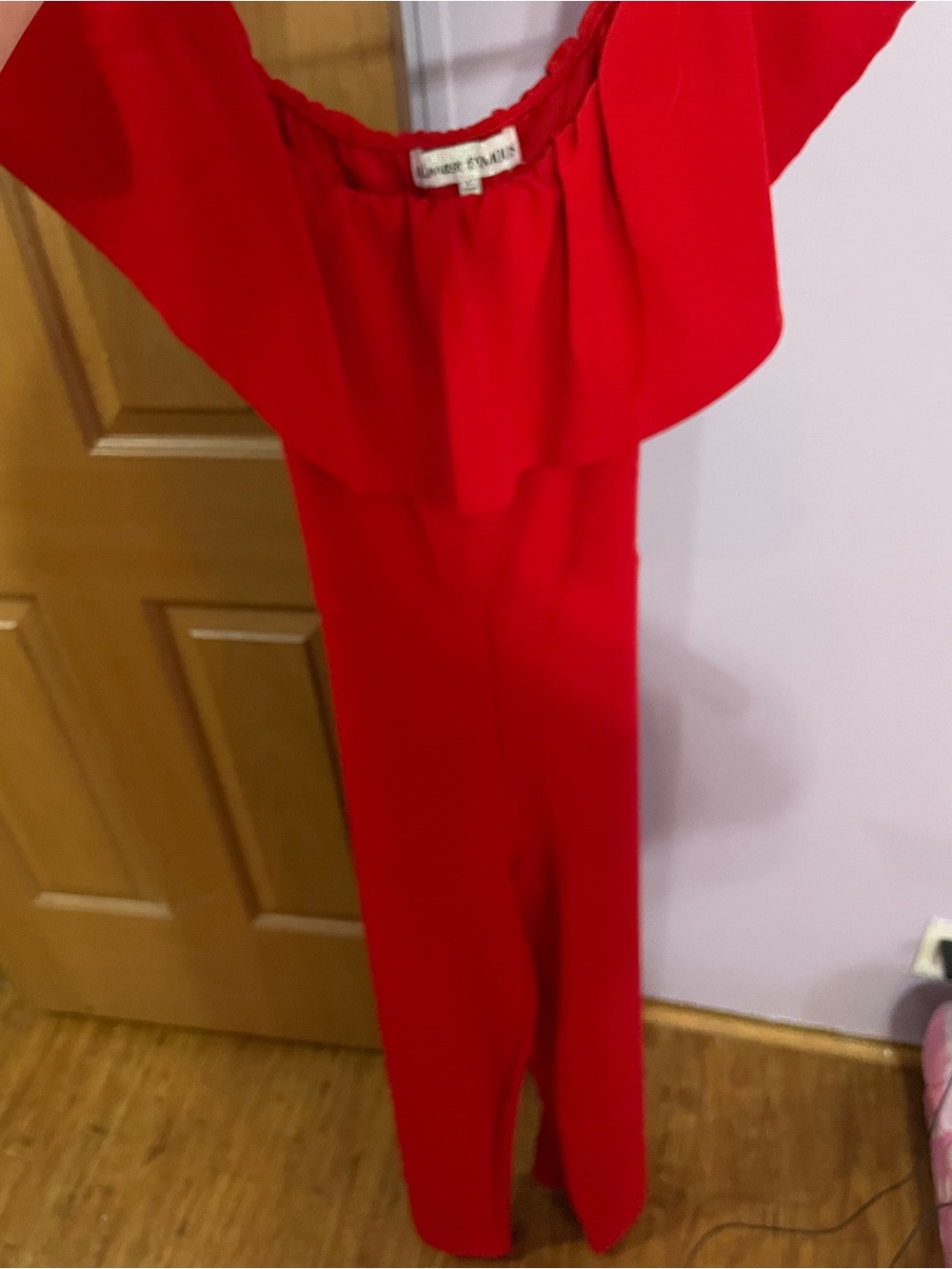 Off-Shoulder Red Ruffle Jumpsuit by Grace Elements